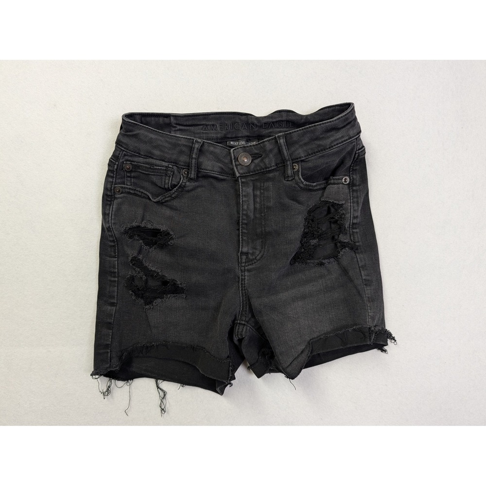 American Eagle Womens Denim Shorts Size 0 High V Rise Shortie Distressed Black